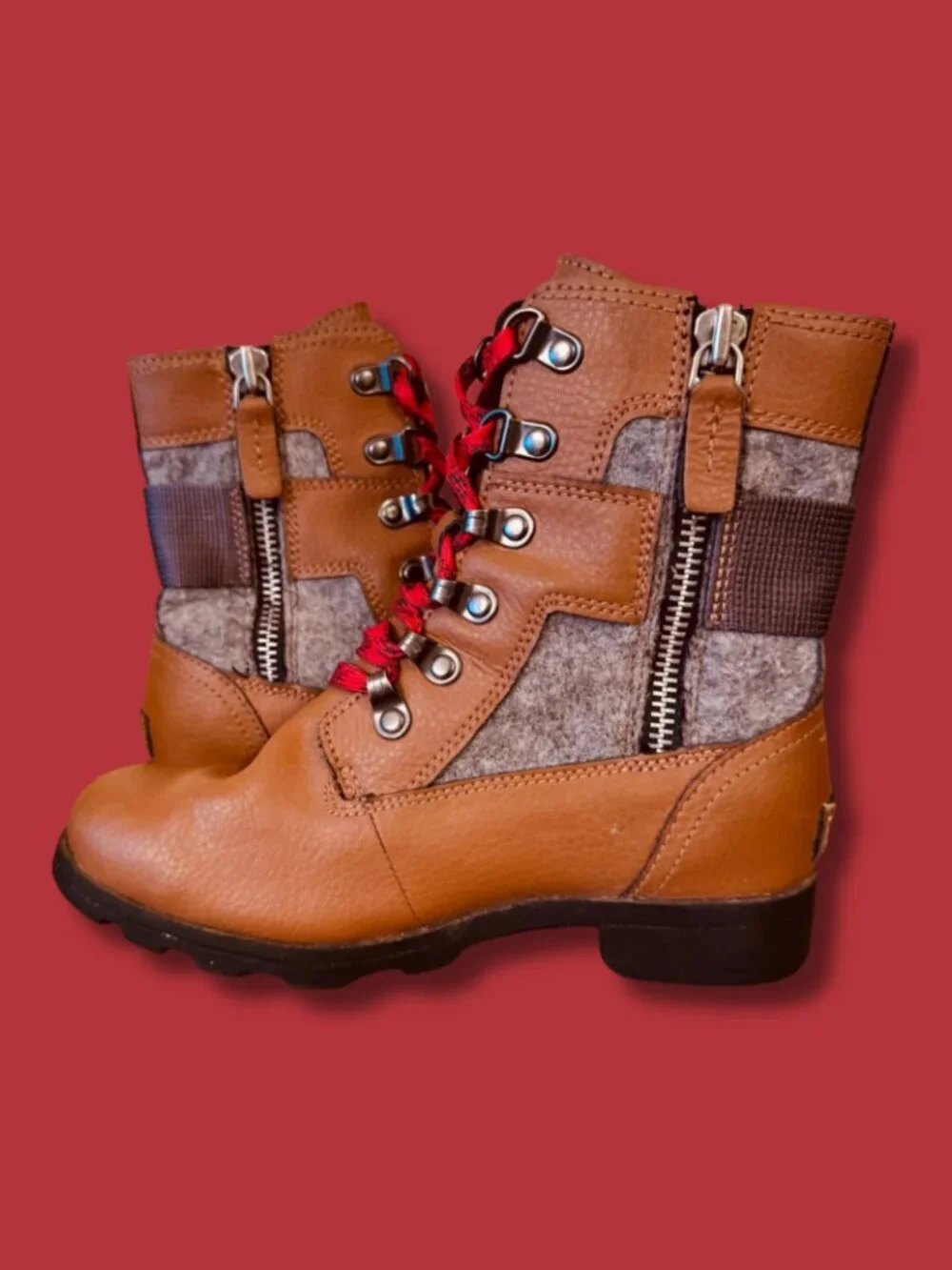 Sorel Emelie Conquest Waterproof Boots Brown Red Kids Size 2 EUC